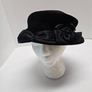 Vintage Felt Leather Velvet Black Womens Hat Sheer Tull  Flower IMAGA Israel